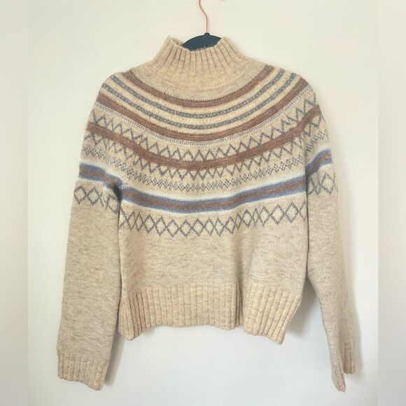 Marled Sweater Fair Isle Beige Tan Women Mock Neck Ski Holiday Wool Blend small - Picture 1 of 6